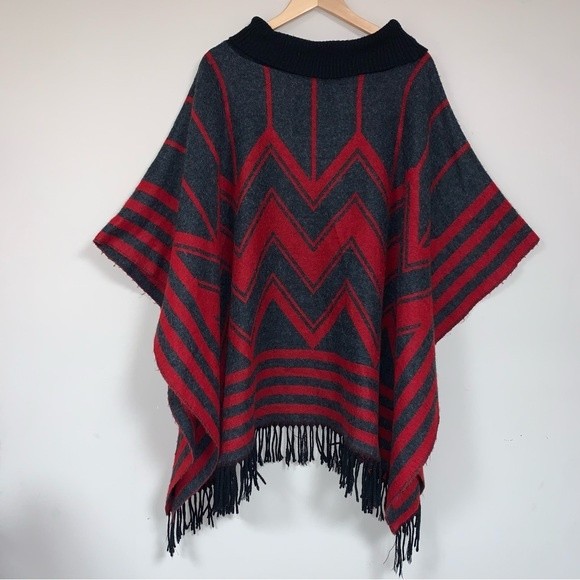 Vintage Black Red Striped Tassel Fringe Warm Winter Poncho Os Made In France